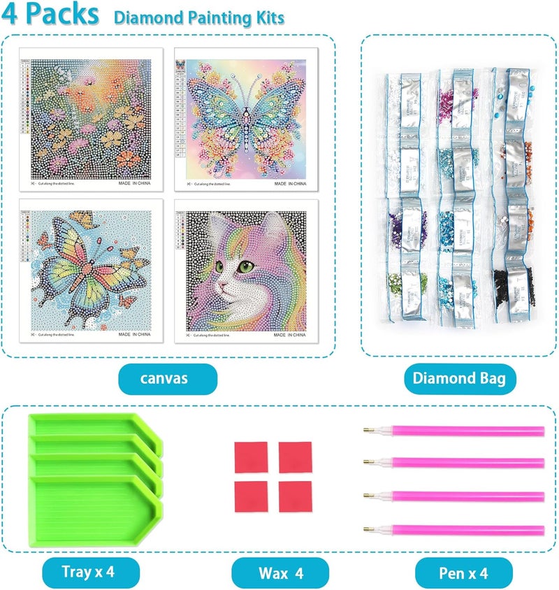 UiSdfuy Diamond Art Kits for Kids,Arts & Crafts for Kid Ages 8-12,Diamond Art for Kids,Gem Art 4 Pack Diamond Painting 6" X 6" (Butterfly) - Image 2